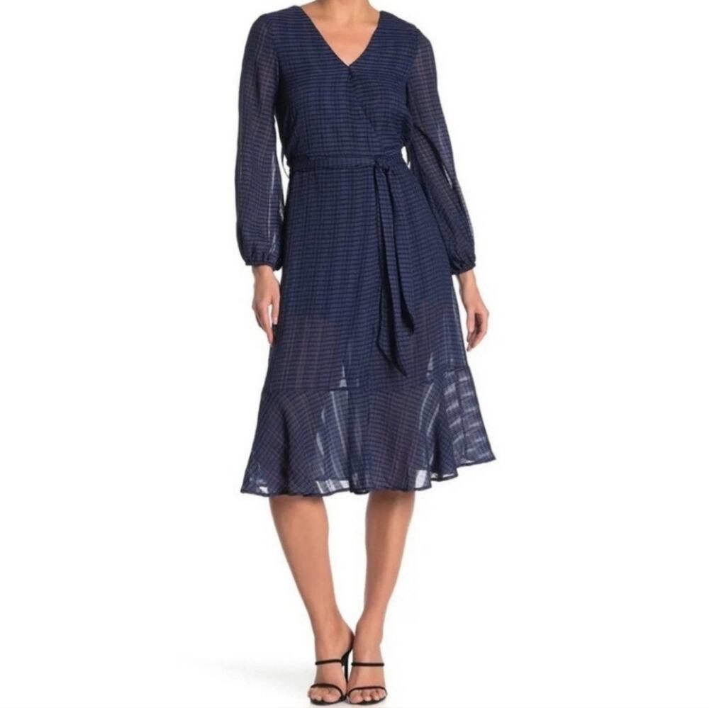 NSR Blue Textured Chiffon Long Sleeve Midi Wrap Dress L Boho Chic Classiccore
